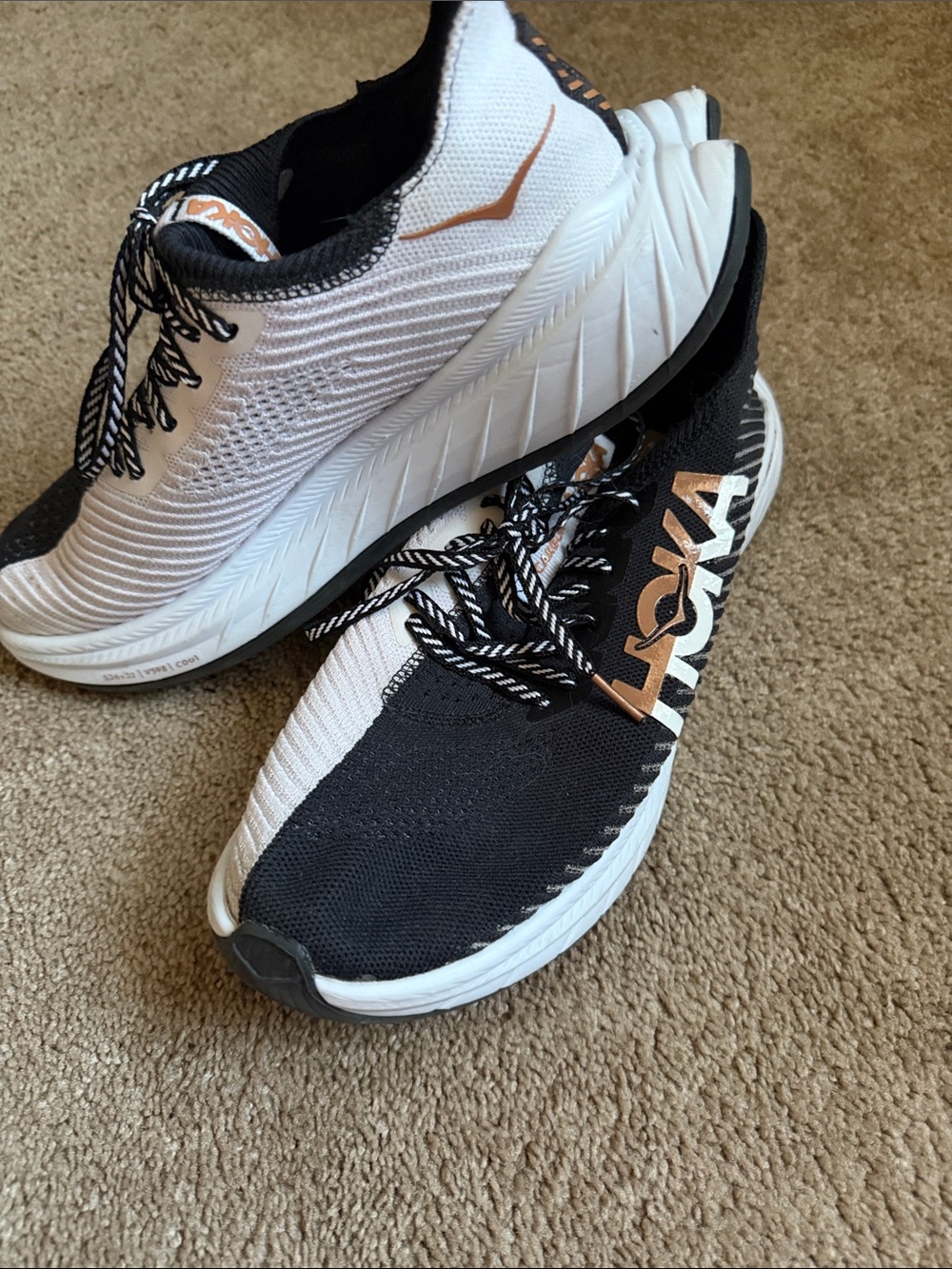 Hoka Two-Tone Knit Running Shoes in Black, White & Rose Gold